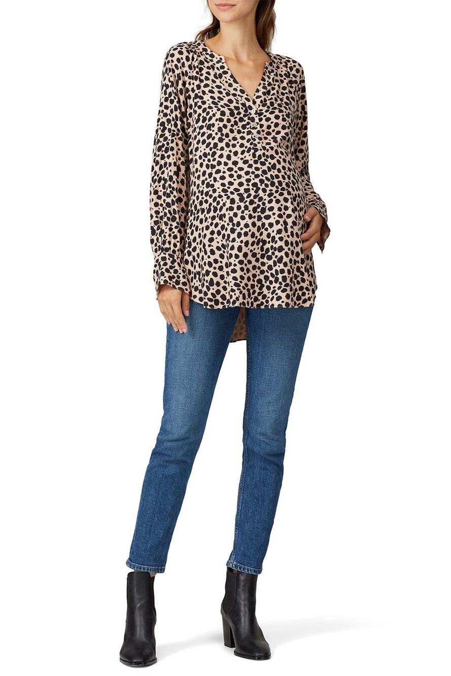 INGRID & ISABEL Brown Leopard Long Sleeve Three Button Placket Maternity Top XS